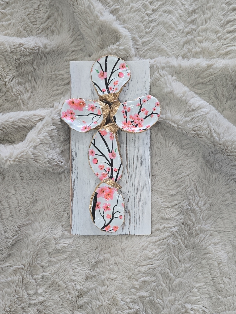 Handmade Oyster Shell Cross Wall Decor - Pink & White
